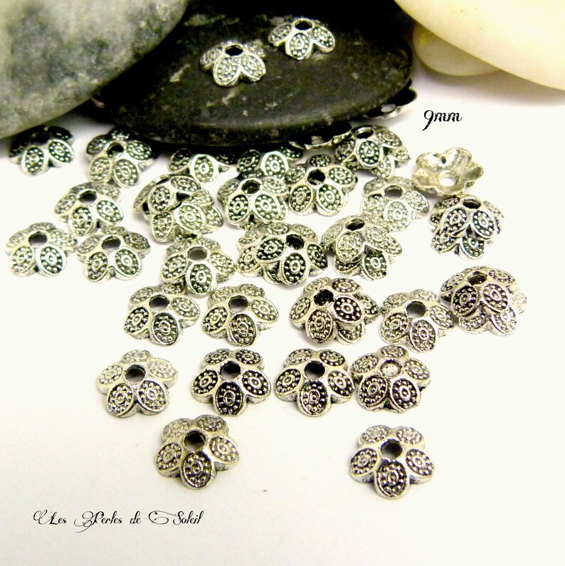 25 caps 9mm flowers 5 petals in metal coul silver image 3