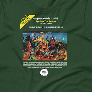 May include: A green t-shirt with a yellow and white graphic of a Dungeons and Dragons module cover. The text on the cover reads "Dungeon Module 01-2-3 Against The Giants by Gary Gygax. Three Adventures for Character Levels 9-12."