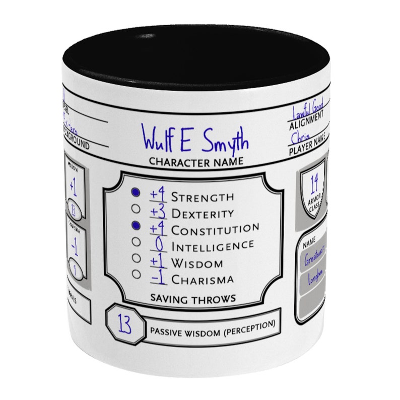 May include: White ceramic mug with a black rim. The mug features a Dungeons and Dragons character sheet with the name "Wulf E Smyth" and stats for Strength, Dexterity, Constitution, Intelligence, Wisdom, and Charisma. The mug also includes a section for saving throws and passive wisdom (perception).