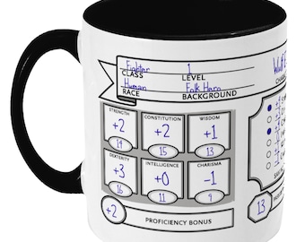 May include: White ceramic mug with a black handle. The mug features a Dungeons and Dragons character sheet with the following information: Class: Fighter, Race: Human, Level: 1, Background: Folk Hero. The character sheet also includes stats for Strength, Constitution, Wisdom, Dexterity, Intelligence, and Charisma.