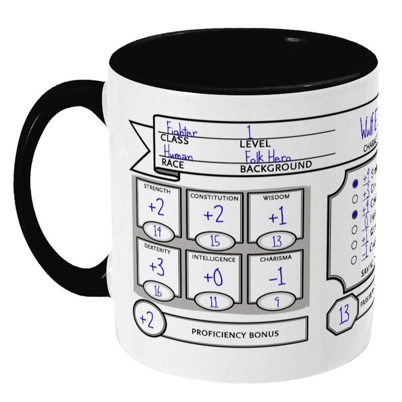 May include: White ceramic mug with a black handle. The mug features a Dungeons and Dragons character sheet with the following information: Class: Fighter, Race: Human, Level: 1, Background: Folk Hero. The character sheet also includes stats for Strength, Constitution, Wisdom, Dexterity, Intelligence, and Charisma.