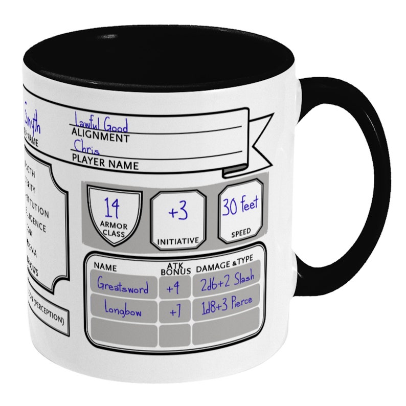 May include: White ceramic mug with a black rim and handle. The mug features a character sheet for a role-playing game with the text "Lawful Good" and "Chris" written in blue ink. The character sheet includes stats for armor class, initiative, speed, name, attack bonus, damage, and type.