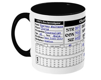 May include: A white ceramic mug with a black handle and rim. The mug features a black and white character sheet with the text "1920's Era Investigator" and "Harvey Walters". The character sheet includes stats like "STR", "CON", and "SIZ".