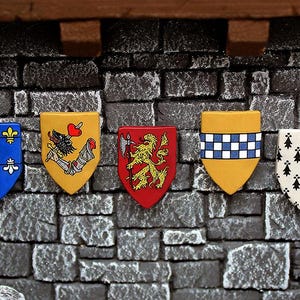 Op de afbeelding: Een verzameling van zeven heraldische schilden met diverse ontwerpen, waaronder een slang, fleur-de-lis, een wolf, een leeuw, dambordpatronen en adelaars. De schilden zijn bevestigd op een grijze stenen muur.