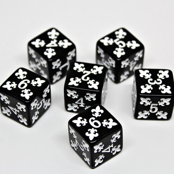 Black and White Fleur-de-lys Tabletop Game Dice Set of 6