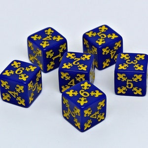 Blue and Yellow Fleur-de-lys Tabletop Game Dice Set of 6