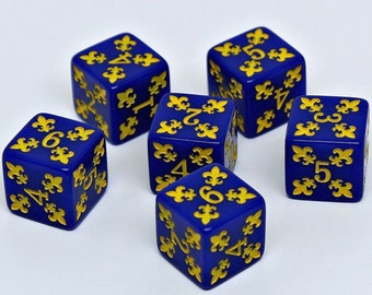 Blue and Yellow Fleur-de-lys Tabletop Game Dice Set of 6