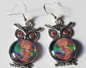 quot OWL quot earrings silver metal bracket Silver 925 hooks rhinestones glass cabochon
