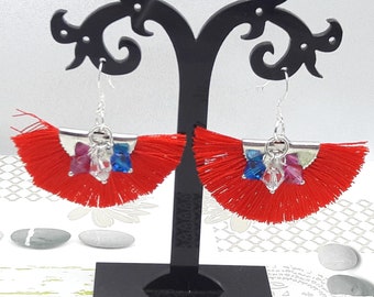 Red thread pendant earrings, Swarovski crystal beads