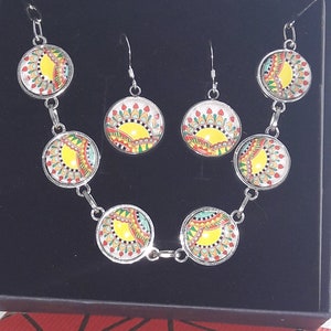 "Tahiti" set, silver metal bracelet and glass cabochons, steel earrings, 925 silver and curved glass cabochons