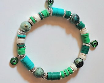 Bracelet élastique, perles heishi, perles turquoise africaine