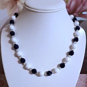 Blue and white glass bead choker necklace