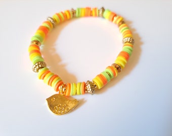 Bracelet élastique avec perles heishi multicolores et perles dorées