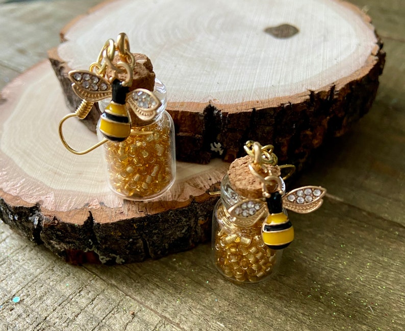Tiny Glass Jar Honeybee Earrings Dangle Drop Bee Earrings