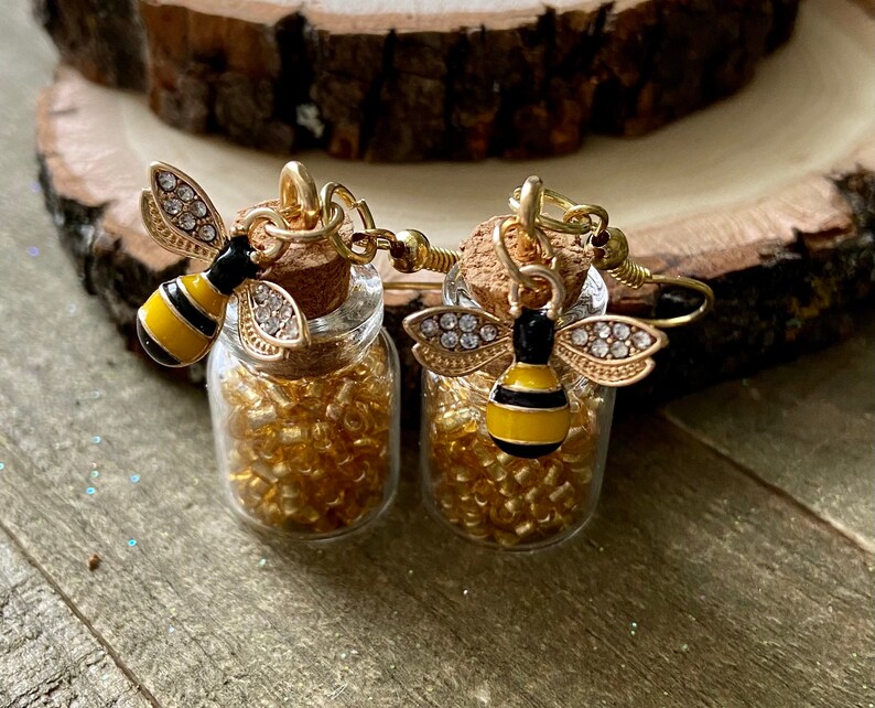 Tiny Glass Jar Honeybee Earrings Dangle Drop Bee Earrings