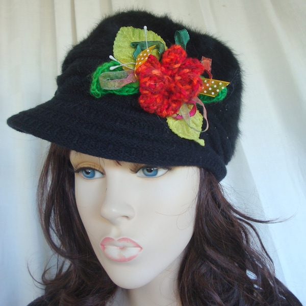 floral hat  casquette  noire fleur rouge fait main