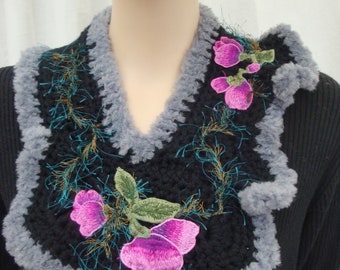 floral scarf echarpe col  crochet  fait main broderie en application