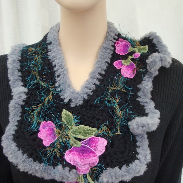 floral scarf echarpe col  crochet  fait main broderie en application