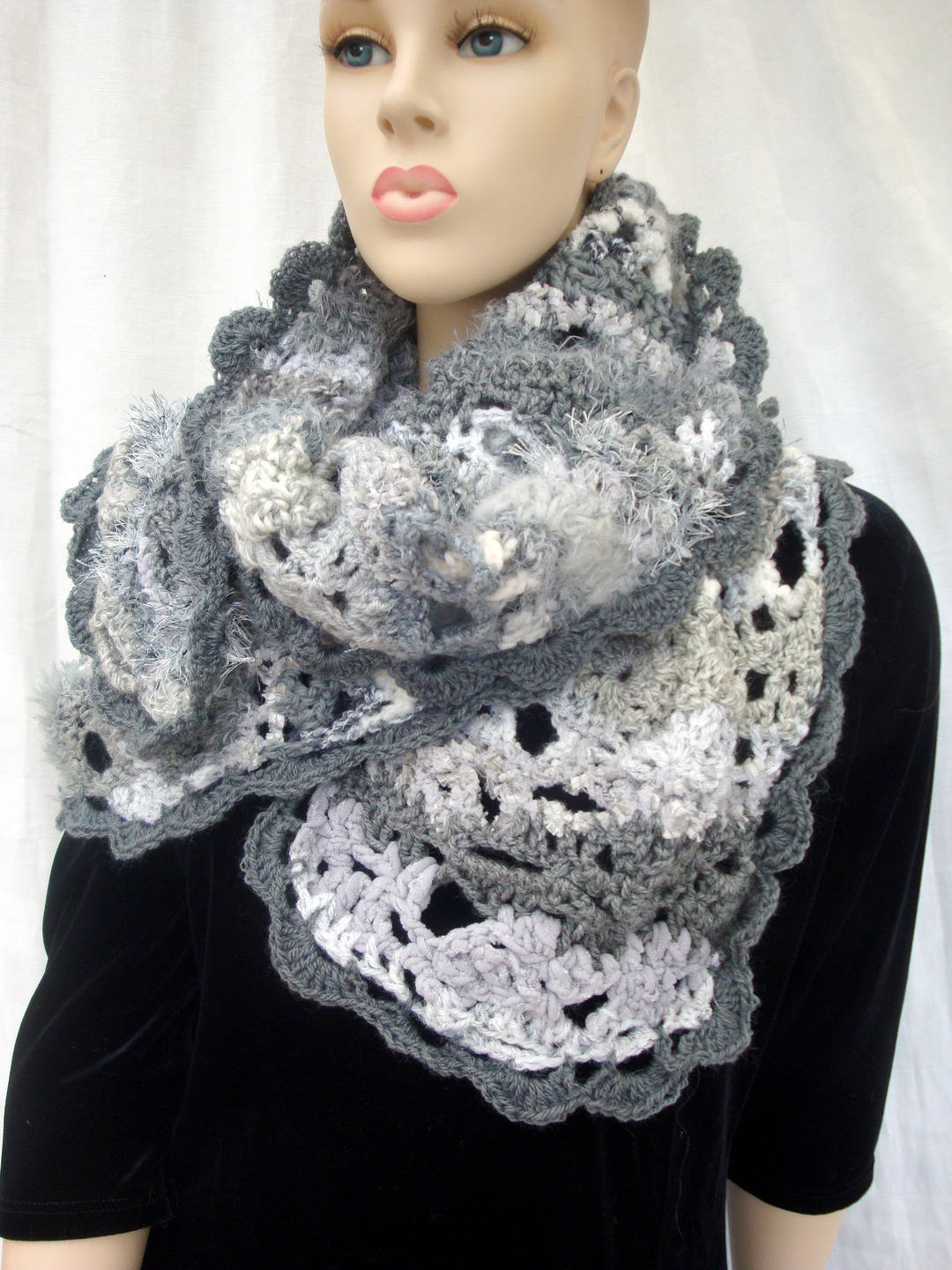 Handmade free form grisette crochet scarf