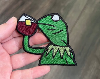 Frog Sipping Tea Meme Embroidered Patch