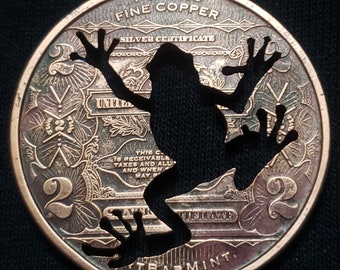 Lucky Frog Hand Cut Into A .999 1oz. Pure Copper Round With 2 Dollar Art Work Minted Onto It