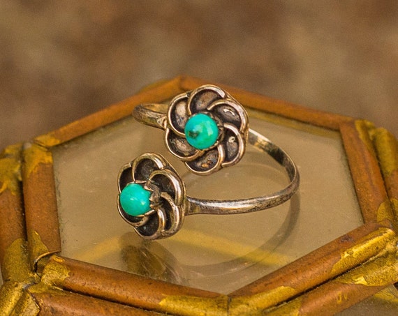 Vintage Sterling Silver Green Turquoise Double Daisy Adjustable Wrap Ring Size 6.5 / Navajo / Native American / Desert / Southwest / Wedding