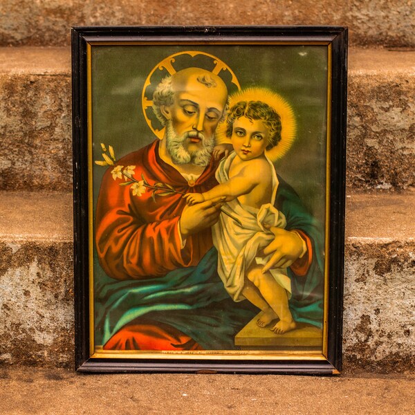 19th Century Italian Saint Joseph with Child Gilded Chromolithograph / Italy / Belgian / Catholic / Jesus Christ / Gold / Lillies / Icon