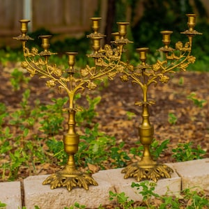 Set of Vintage Ornate Brass Floral 5 Arm Candelabras / Gothic / Candlestick Holder / Candelabrum / Hollywood Regency / Candles / Boudoir