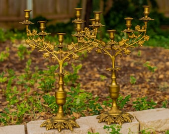 Set of Vintage Ornate Brass Floral 5 Arm Candelabras / Gothic / Candlestick Holder / Candelabrum / Hollywood Regency / Candles / Boudoir