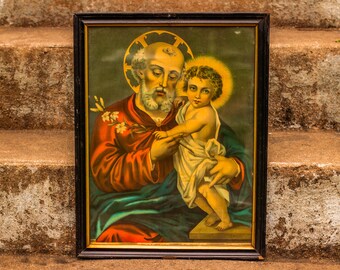 19th Century Italian Saint Joseph with Child Gilded Chromolithograph / Italy / Belgian / Catholic / Jesus Christ / Gold / Lillies / Icon