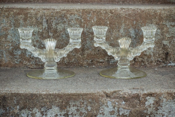 1940's Thick Pressed Glass Double Arm Candelabra Set with Floral Etched Base / Wedding / Luxe Decor / Crystal / Candlestick Holders / Dining