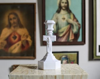 Early 1900's Gillinder and Sons White Pressed UV Milk Glass Crucifix/ Catholic / Religious / Spiritual / Altar / Christian / Shrine / Church