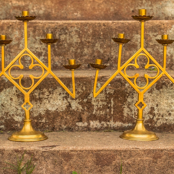 RARE 1930's French Art Deco Brass 5 Arm Catholic Candelabras / Gothic / Altar / France / Candle Sticks / Vampire / Wedding / Witchy / Church