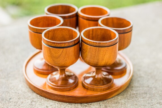 Vintage Guatemalan 7 Piece Wooden Drink Serving Set / Mid Century Modern / Drinkware / Barware / Dinner Party / Central America / Mexico