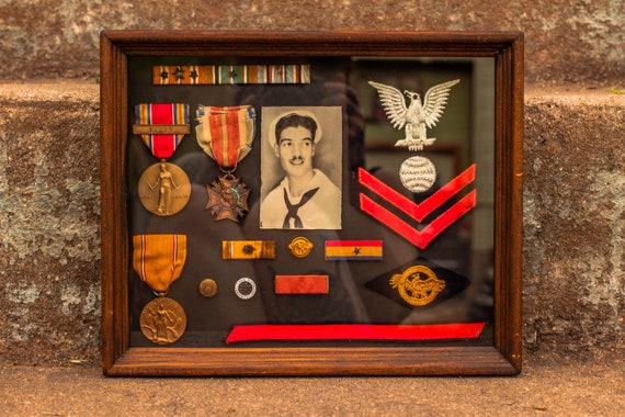 Historic 1939-1941 WWII Naval Officer Memorabilia in Teak Wood Shadow Box with Portrait / Navy / Military / VFW / WW2 / Africa / USN / War