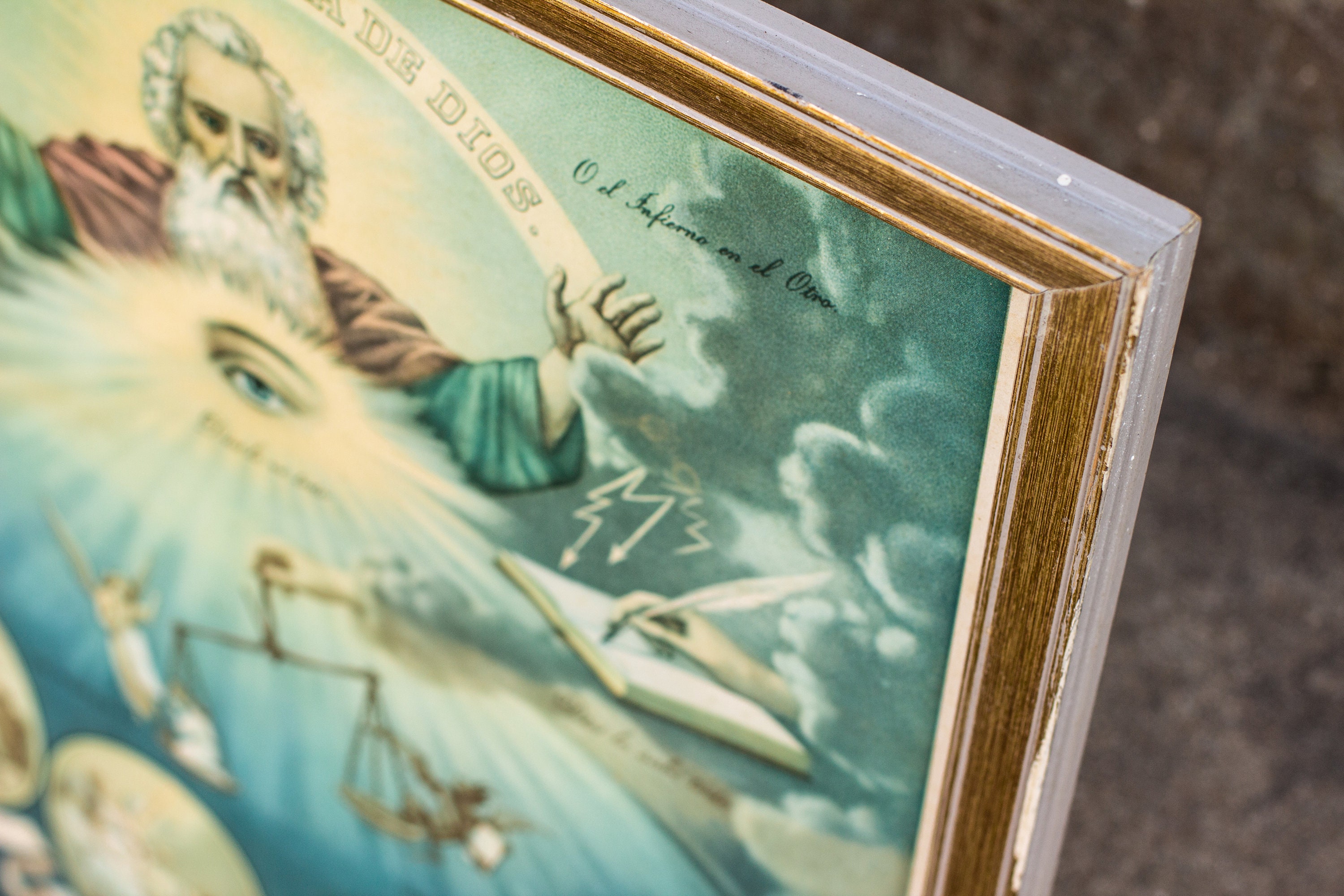 Early 1900's La Omnipresencia de Dios Lithograph with Gilded Wooden