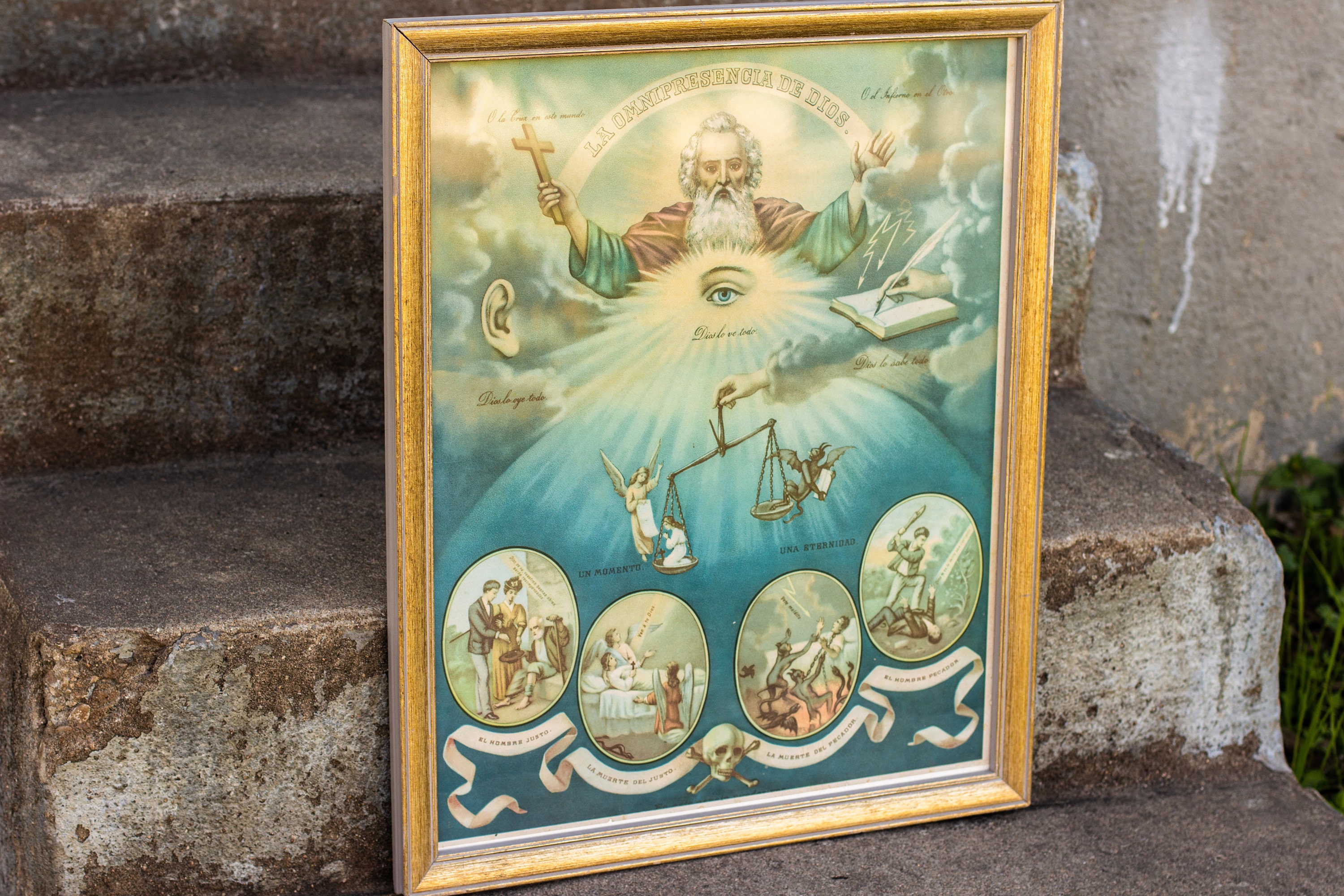 Early 1900's La Omnipresencia de Dios Lithograph with Gilded Wooden