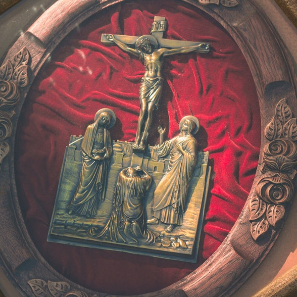 Belgian Double Framed Shadowbox Bronze Crucifixion Scene on Red Velvet / Religious / Catholic / Germany / Jesus Christ / Spiritual / Church