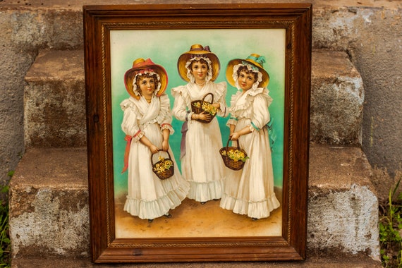 1800's Three Flower Girls Victorian Chromolithograph Printed in Germany / Belgian / Wedding / Children / Flowers / Spring / Bridesmaids