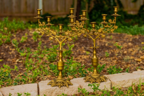 Set of Vintage Ornate Brass Floral 5 Arm Candelabras / Gothic / Candlestick Holder / Candelabrum / Hollywood Regency / Candles / Boudoir