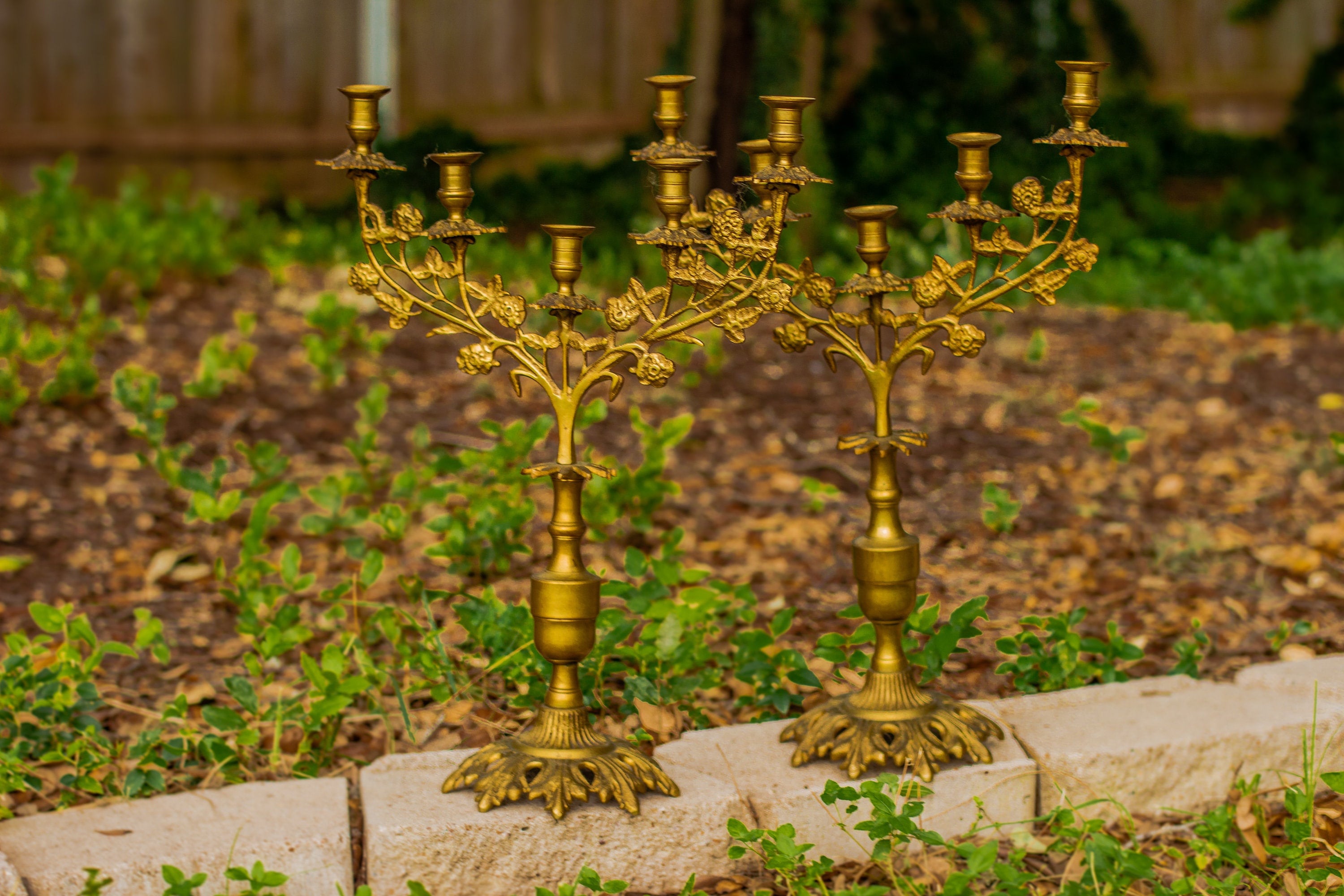 Set of Vintage Ornate Brass Floral 5 Arm Candelabras / Gothic