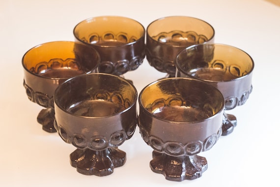 6 Franciscan Brown Glass Footed Champagne Coupe or Sherbet Dessert Cups in Madeira/Brutalist Pattern / Entertaining / Dining / Wedding