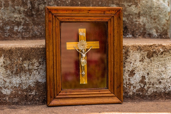 Early 1900's Antique Handmade Gilded Crucifix Shadowbox on Red Velvet / Religious / Catholic / Germany / Jesus Christ / Spiritual / Church