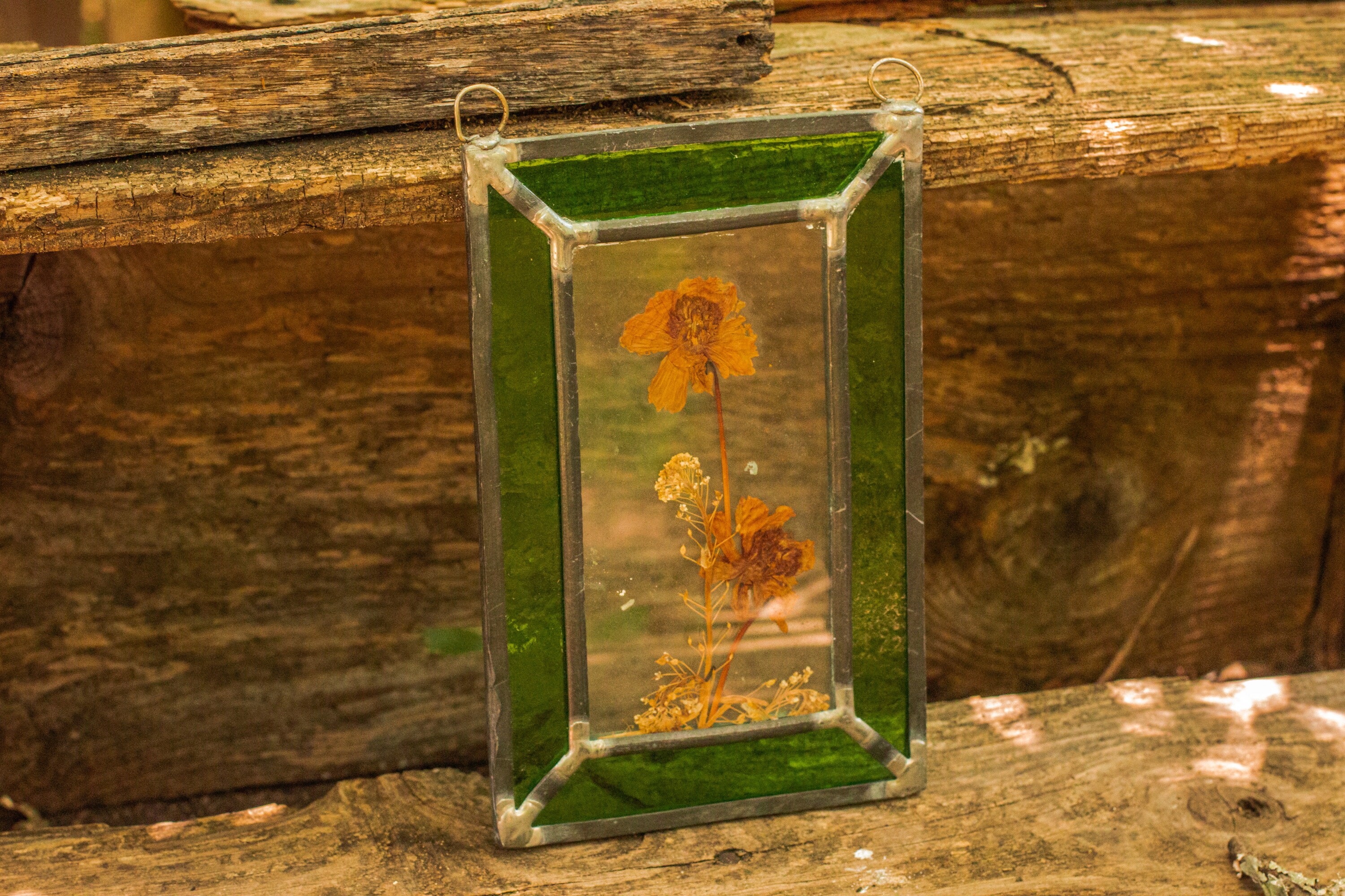 Vintage Handmade Green Stained Glass Suncatcher with Pressed Flowers