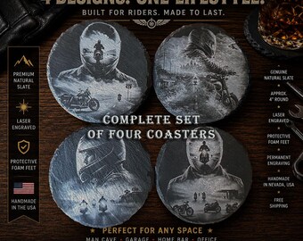 The Rider Collection | Full Set of four |Laser Engraved Motorcycle Slate Coaster Set