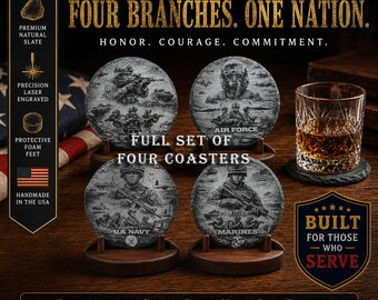 Laser Engraved Slate Coaster Set: Army, Navy, Air Force, Marines Tribute