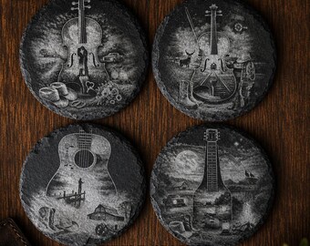 Engraved Natural Slate Coaster | Country Music Guitar Fiddle Western Decor