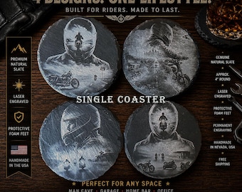 The Rider Collection Laser Engraved Motorcycle Single Slate Coaster Set Biker Bar Decor