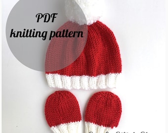 May include: A red and white knitted hat with a white pom-pom and matching mittens. The text "PDF knitting pattern" is in a grey circle. The shop name "Comfy Stitch Shop" is in the bottom right corner.