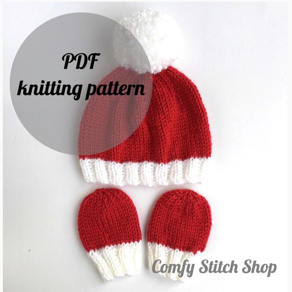 Baby Christmas hat with mittens - infant hat knitting pattern - newborn mittens knitting pattern - Christmas beanie knitting pattern